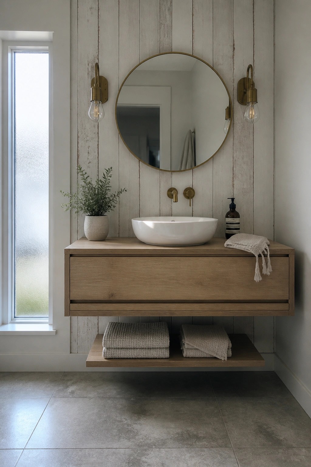 A bathroom with a vertical light wood plank wall, round brass mirror, floating wood vanity with white vessel sink, and two wall sconces.