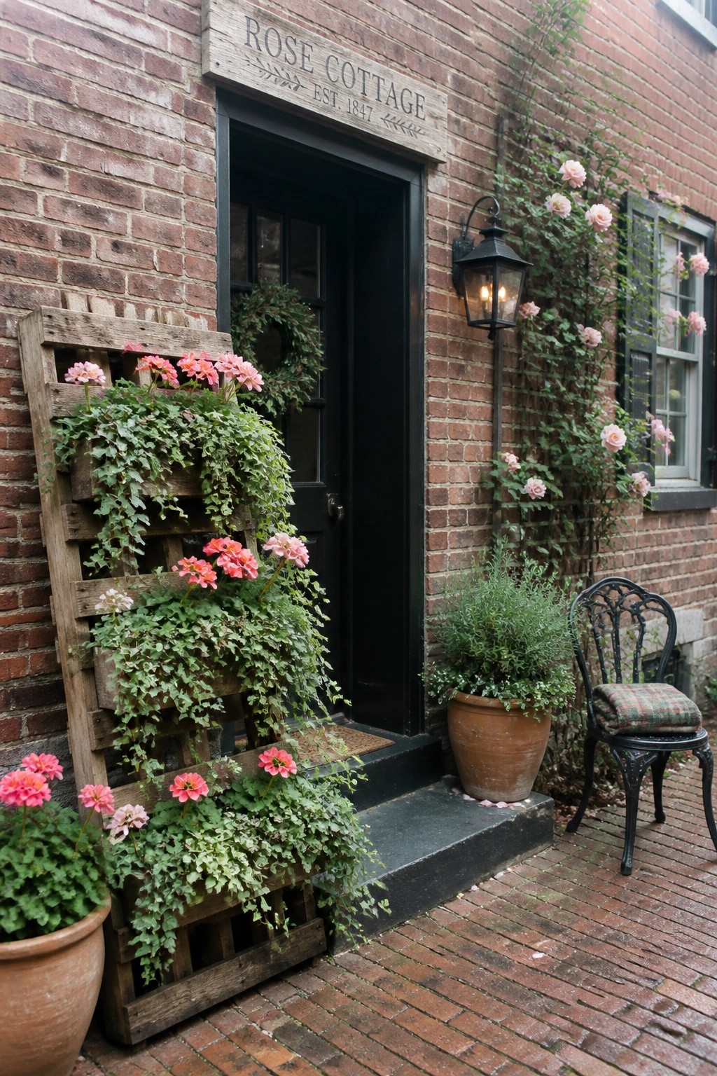 Rose Cottage brick entrance with black door, pink roses, pallet planter, and ornate chair.