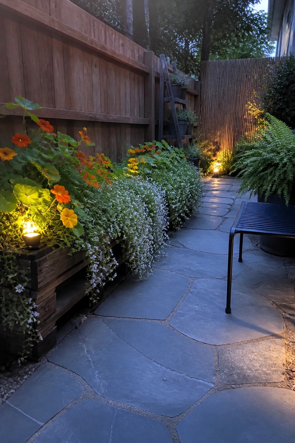 A wooden pallet planter with orange and yellow flowers lines a stone path next to a wooden fence in a backyard garden.