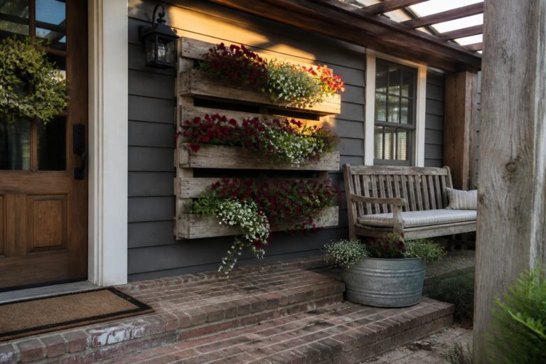 19 Charming Pallet Planter Ideas Built Around Cascading Flowers Wooden pallet planter with red and white flowers on brick porch beside bench.