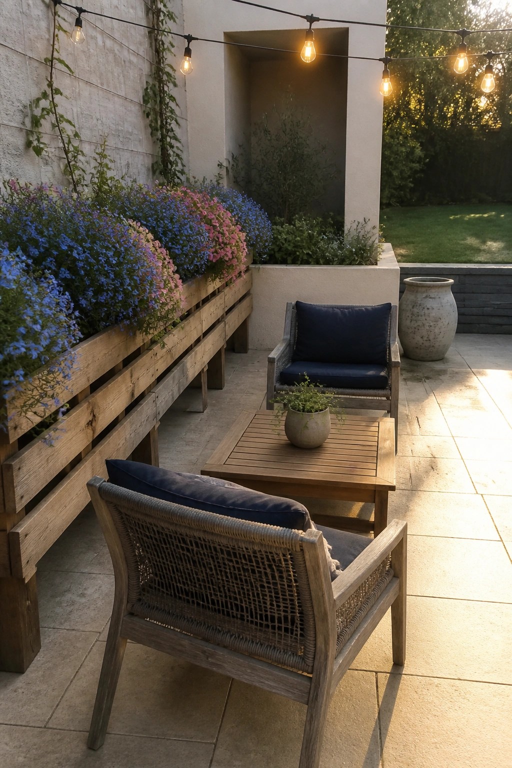 Wooden patio chairs with blue cushions beside blooming flower planter and string lights at dusk.