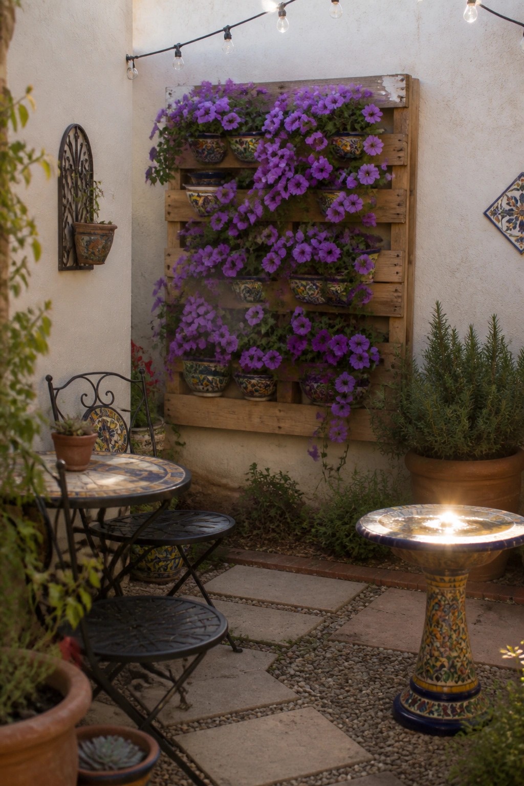 A wooden pallet mounted on a white stucco wall holds rows of colorful ceramic pots with purple cascading flowers, set in an outdoor patio area with a table, chairs, and a decorative birdbath.