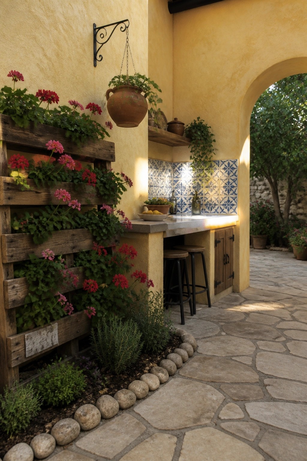 A wooden pallet planter with red and pink flowers mounted on a yellow exterior wall beside a stone outdoor counter and two stools.