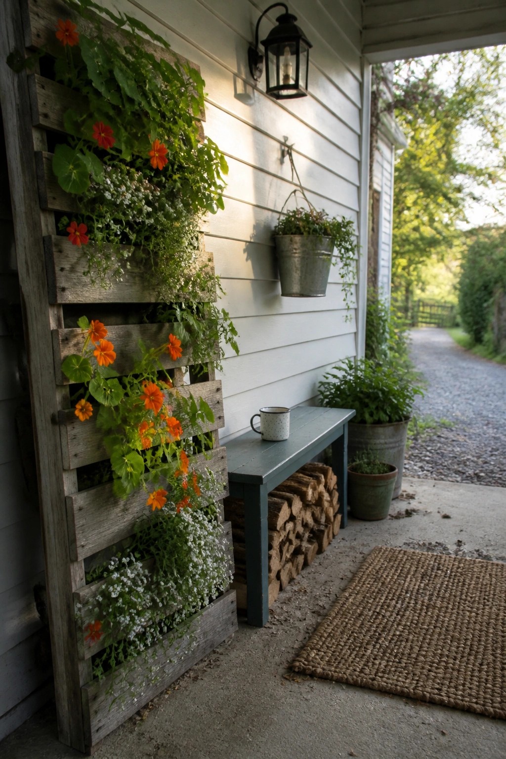 Rustic porch with vertical pallet garden of orange flowers and blue bench
