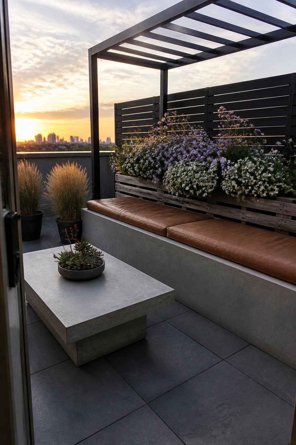 A modern balcony shows a concrete bench with brown cushions beneath wooden pallet planters filled with cascading purple and white flowers, set under a black pergola.