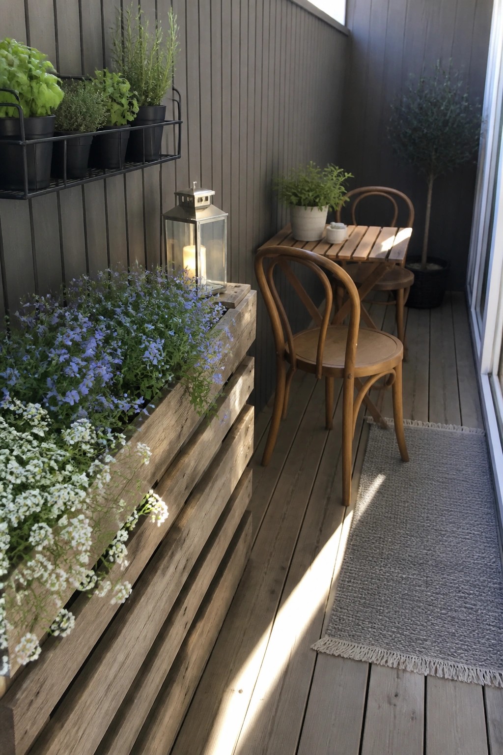 A wooden pallet planter with cascading blue and white flowers lines the edge of a deck beside a small wooden table and two chairs.