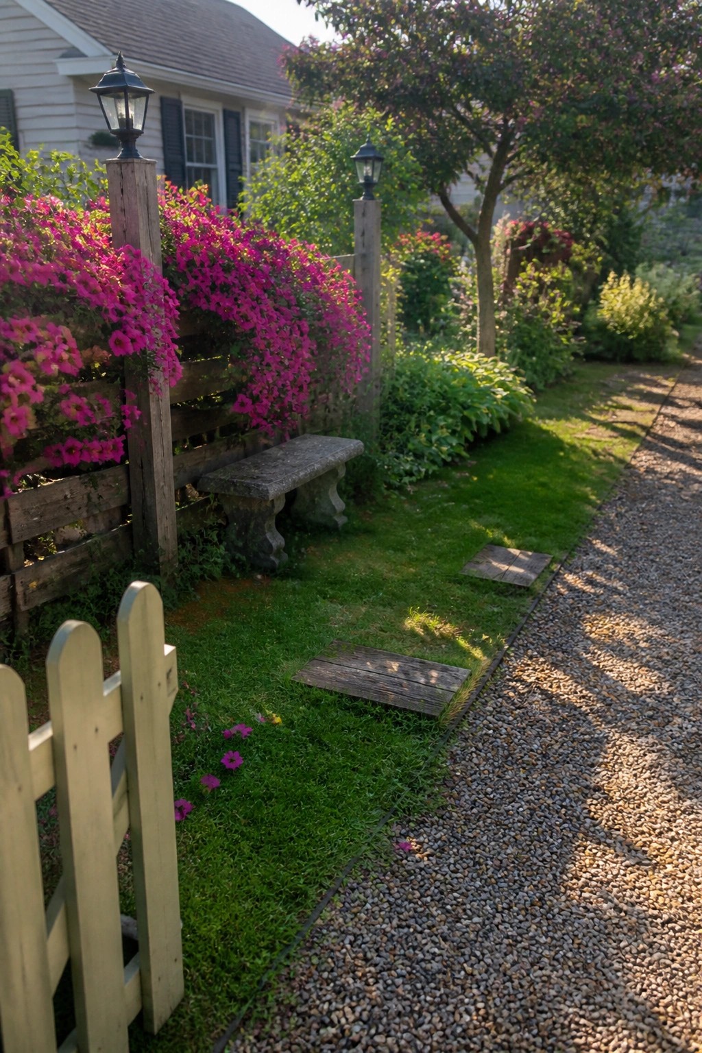 Pink flowers on wooden fence beside stone bench, stepping stones, and gravel path.