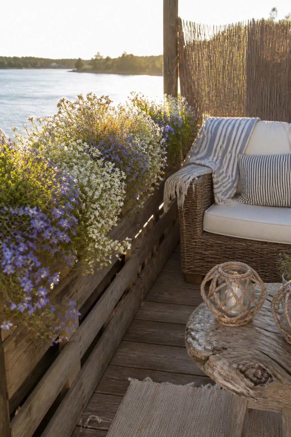 A wooden deck with a pallet planter box mounted on the railing, filled with cascading blue and white flowers beside a wicker chair.