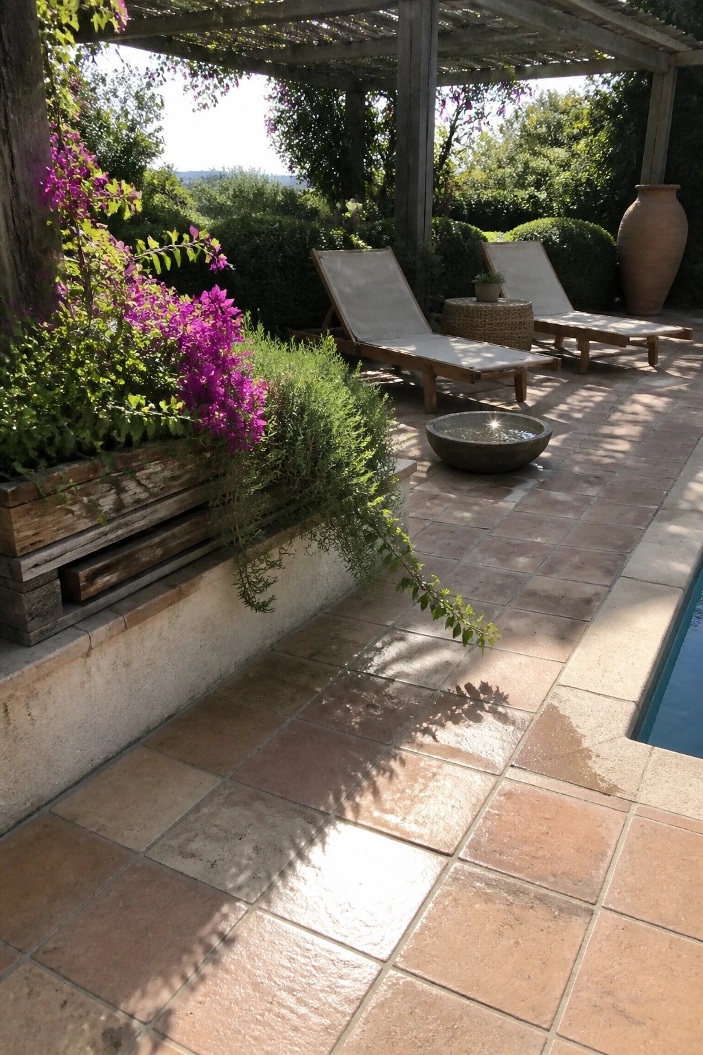 Sunlit patio with lounge chairs, purple bougainvillea, stone fountain, and pool edge