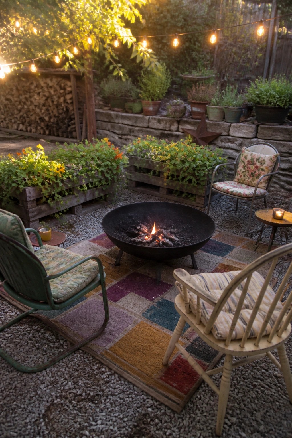 A backyard fire pit area with wooden pallet planters holding colorful flowers, several chairs on a patchwork rug, and string lights overhead.