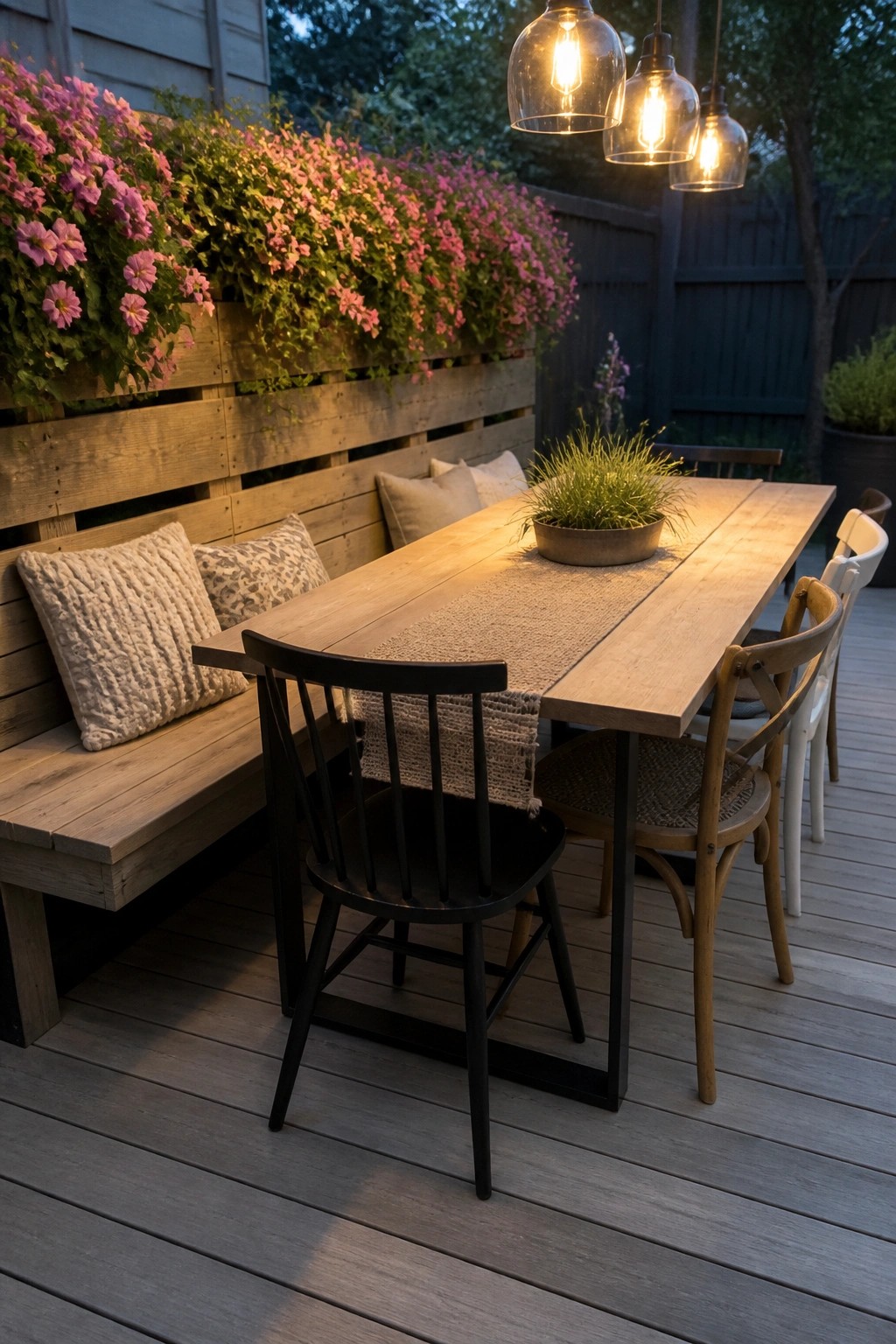 A wooden pallet planter filled with pink cascading flowers forms the backrest of a bench beside a long outdoor dining table on a deck.