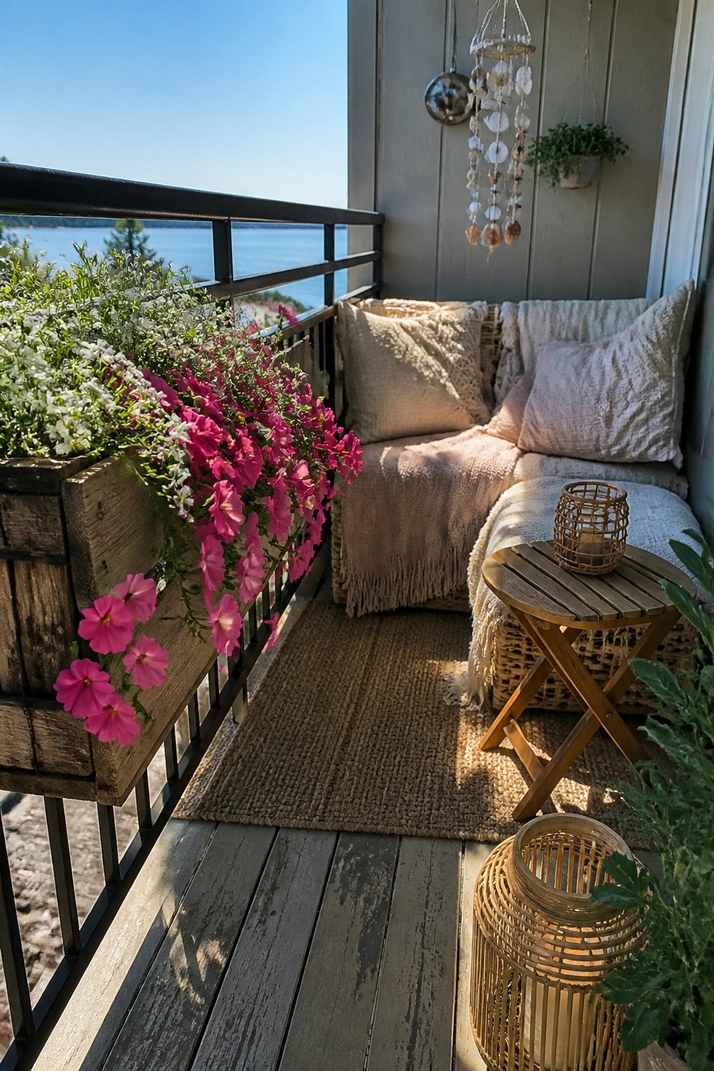 Cozy balcony nook with pink flowers, beige cushions, wooden table, and water view