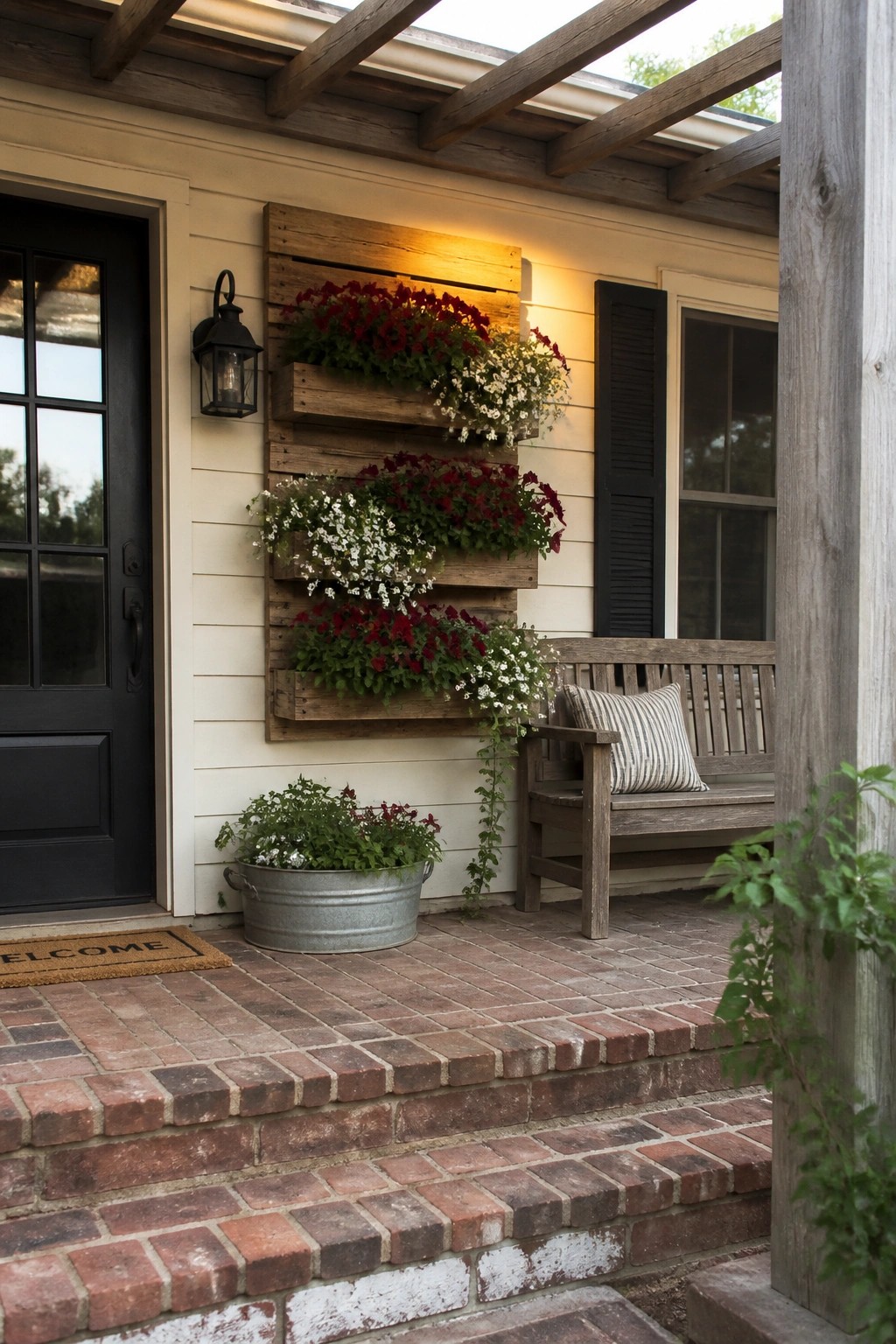 Wooden pallet planter with red and white flowers on brick porch beside bench.