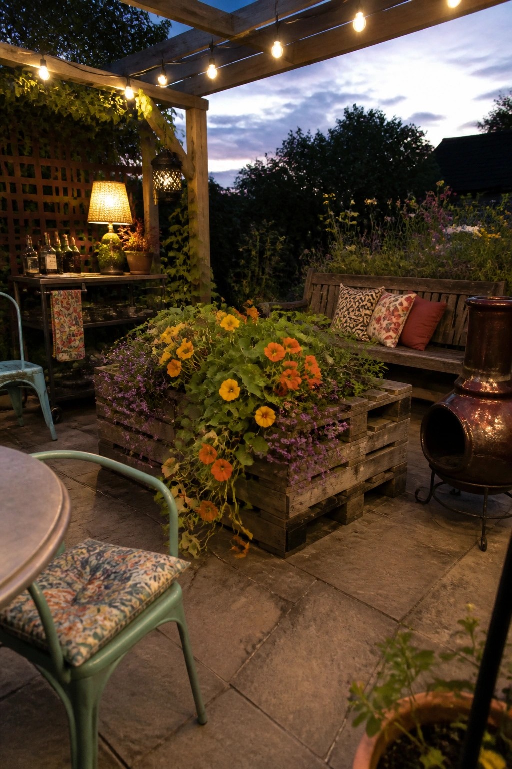 A wooden pallet planter overflowing with orange and purple flowers sits on a stone patio beside a wooden bench under string lights.