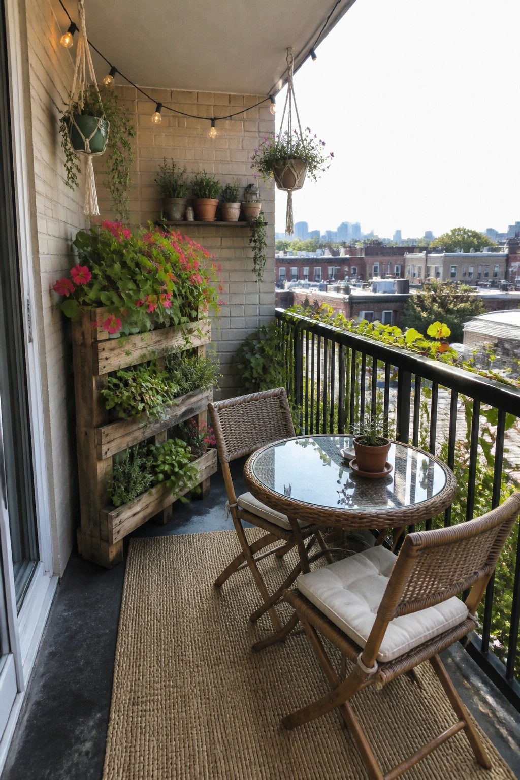 A balcony scene showing a wooden pallet planter mounted on a brick wall filled with green plants and pink flowers, alongside a round glass table and two wicker chairs on a woven rug.
