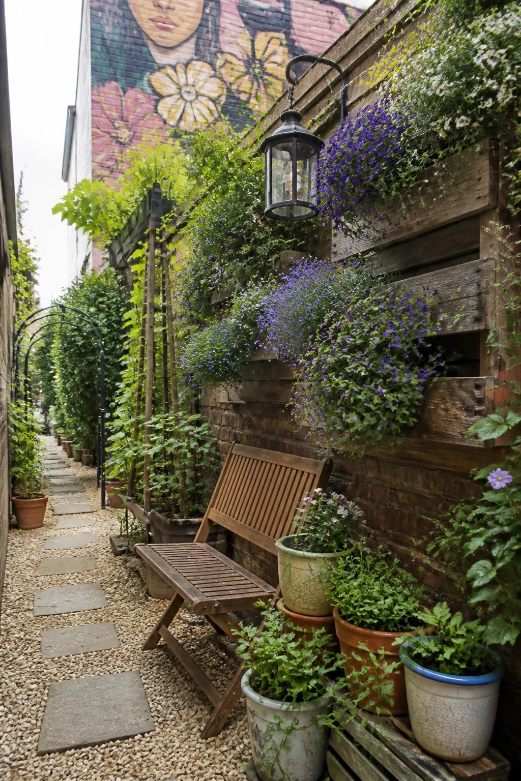 Narrow alley with wooden bench, potted plants, vertical garden, and brick mural.