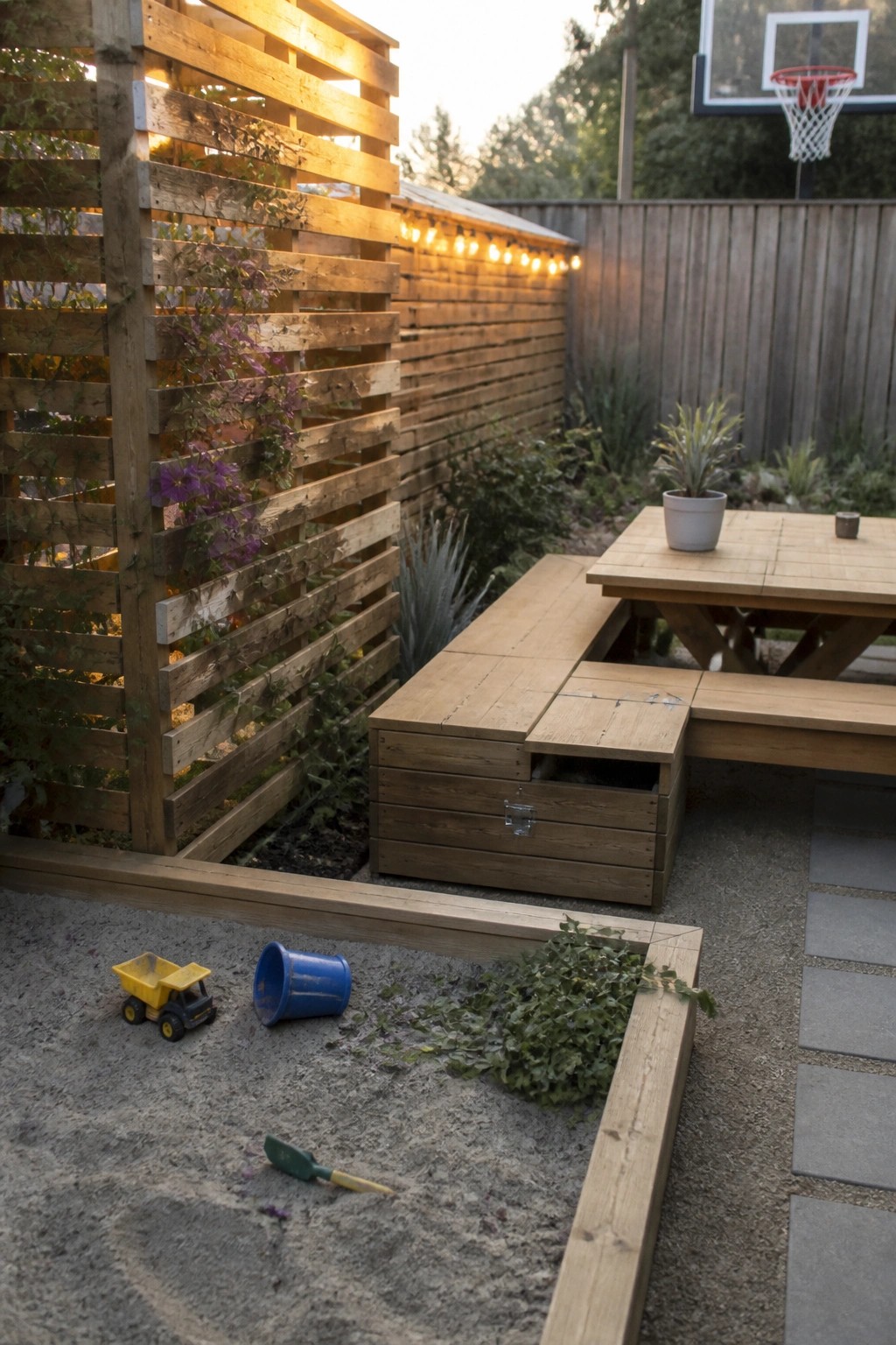 A backyard scene with a tall wooden slatted screen, a sandbox in the foreground, and a wooden picnic table with benches.