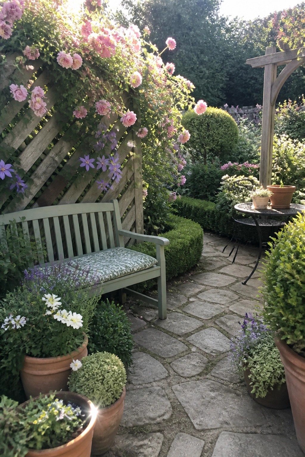 A wooden slatted trellis covered in pink climbing roses stands beside a green bench on a stone garden path lined with terracotta pots.