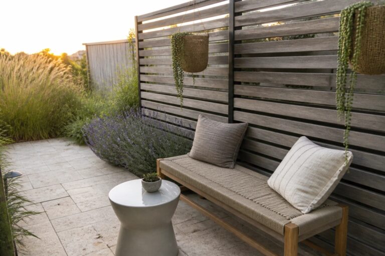 22 Clever Pallet Backyard Privacy Ideas Using Slatted Screens Wooden bench with pillows beside white table and lavender planter on patio