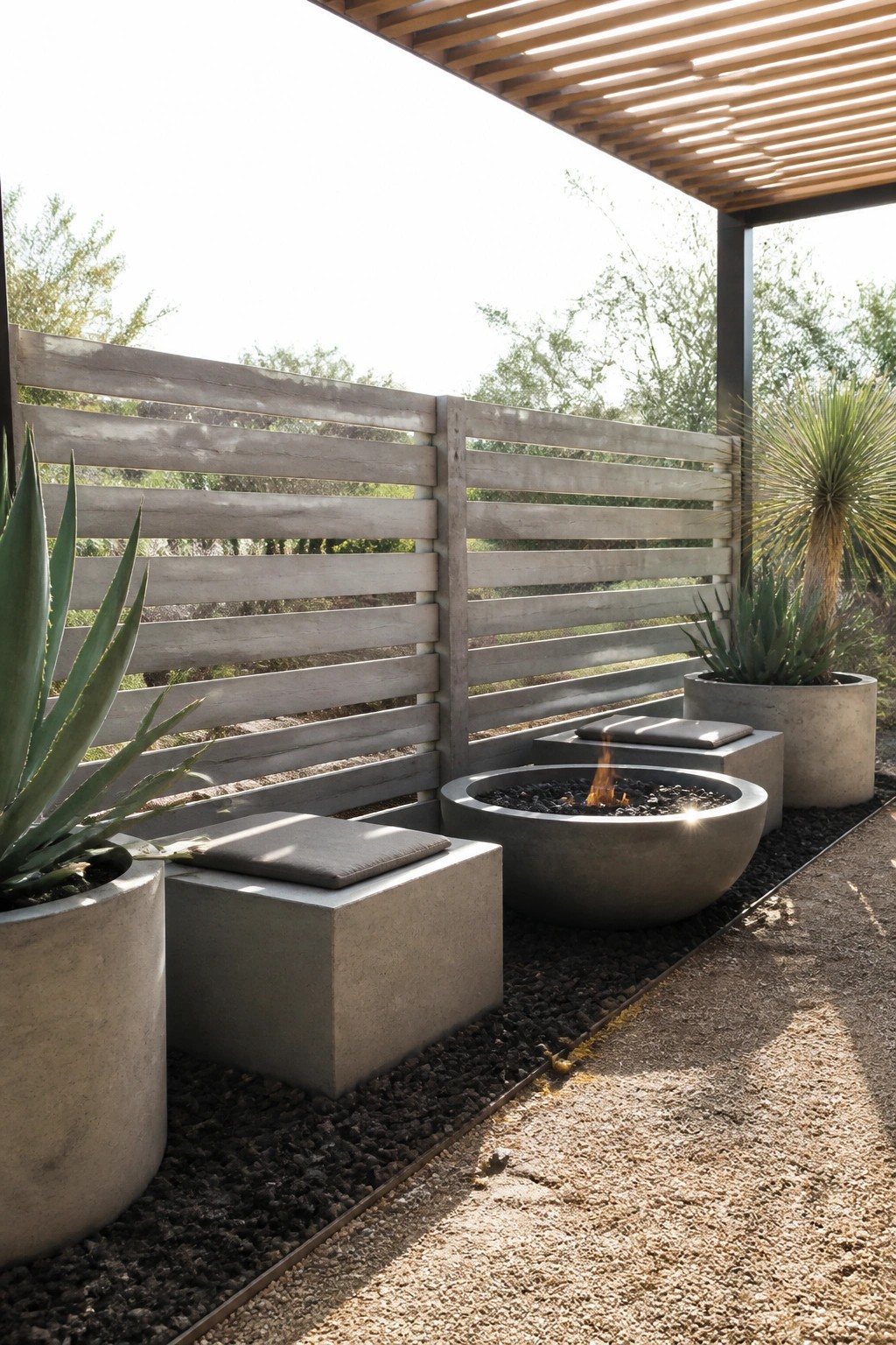 Modern concrete fire pit with cushioned benches and potted succulents by slatted wall