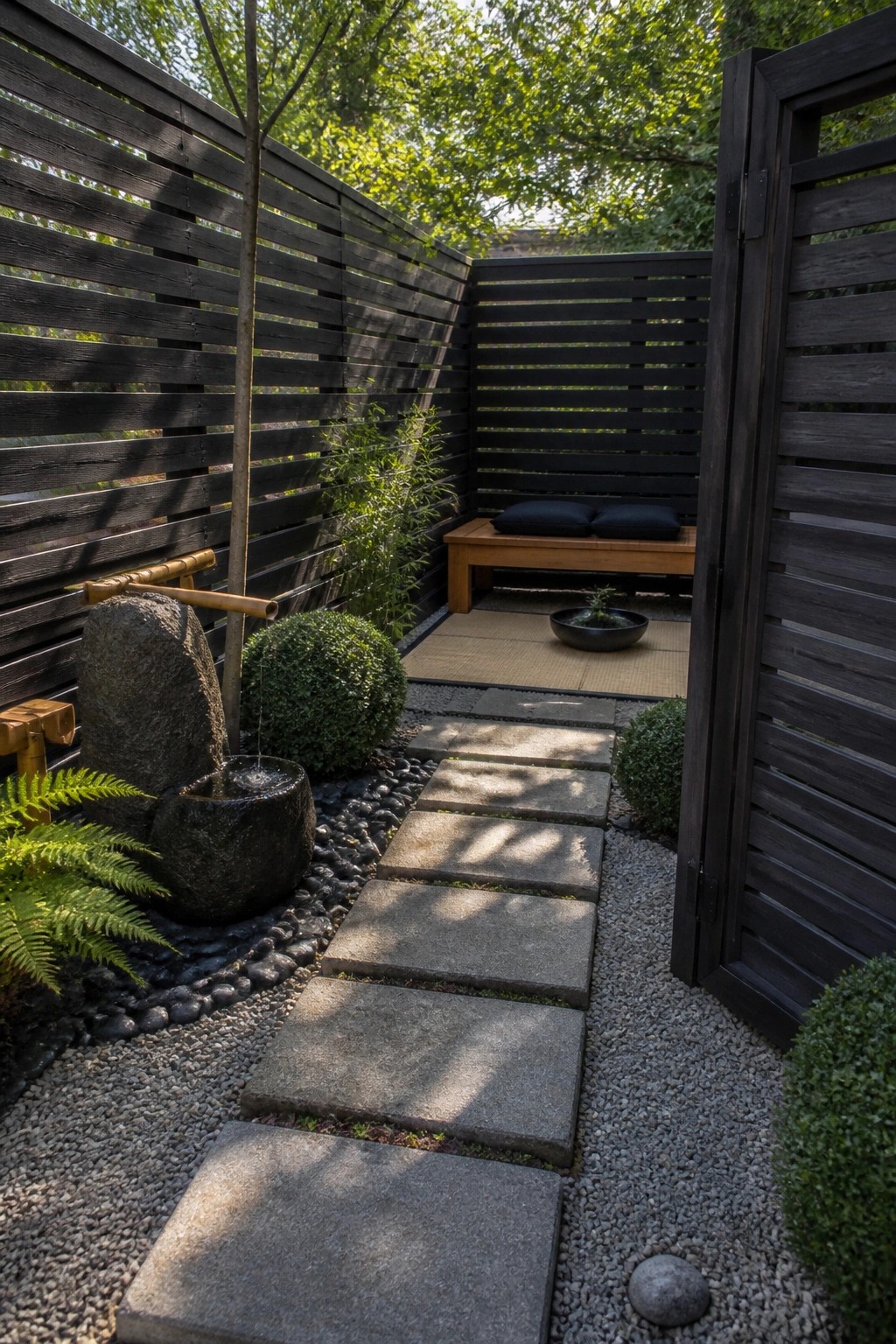 A backyard garden enclosed by dark horizontal wooden slat screens, with a stone path, water feature, and wooden bench on a mat.