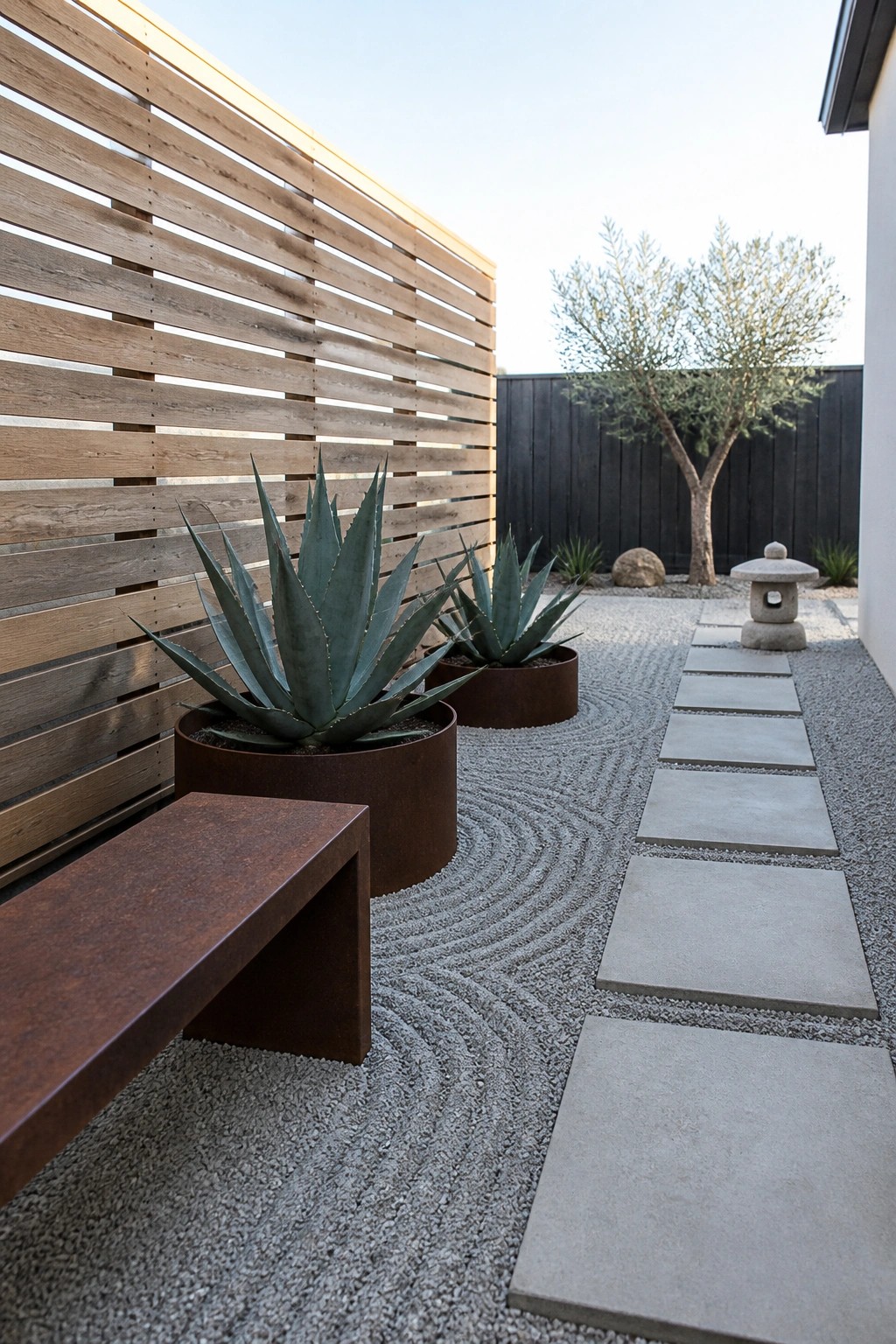 Backyard scene showing a tall horizontal wooden slat screen beside a gravel path with concrete pavers and large potted plants in rusted metal containers.