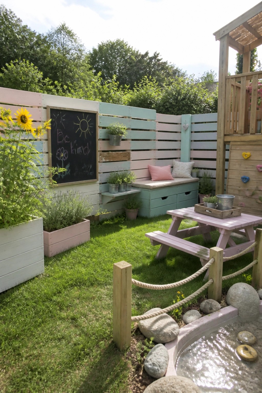 A backyard corner with a horizontal slatted fence made from painted pallets in pastel colors, a chalkboard sign, built-in bench, pink picnic table, and small water feature.