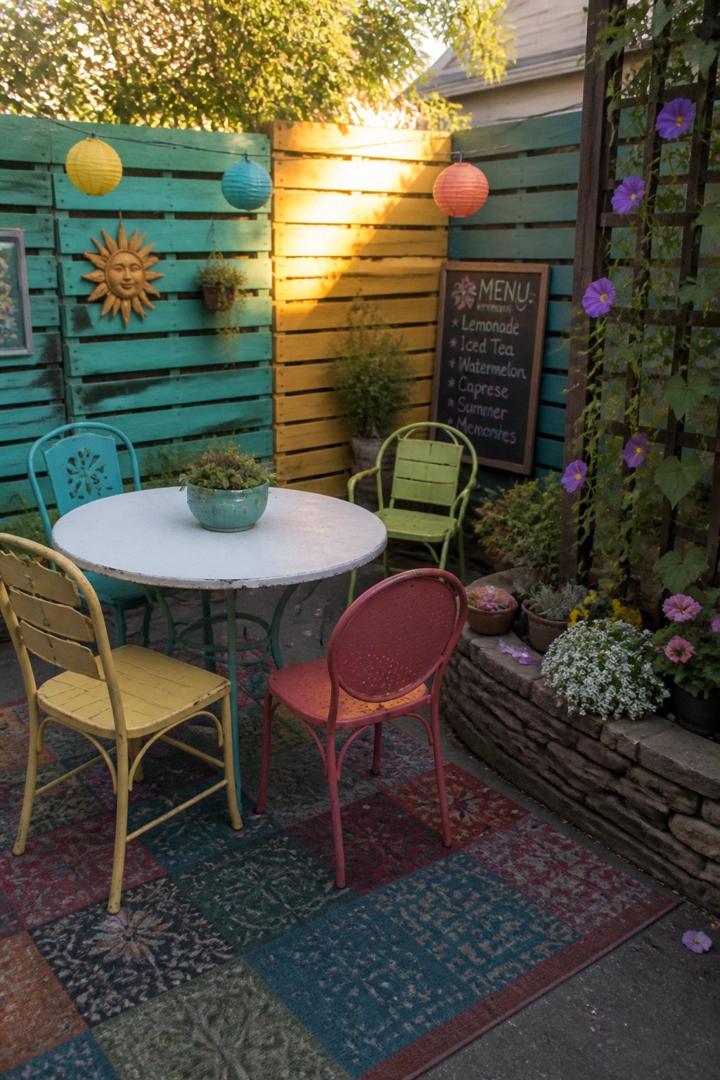 A colorful outdoor patio enclosed by painted wooden pallet walls, featuring a round table, mismatched metal chairs, and string lights.