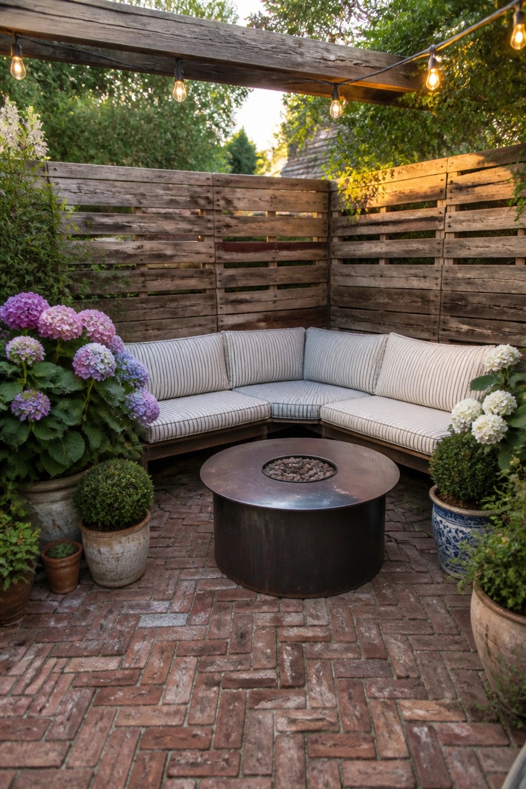 A corner patio with L-shaped built-in seating, a round metal fire pit, and tall slatted wooden screens forming the back walls, surrounded by potted plants on a brick floor.