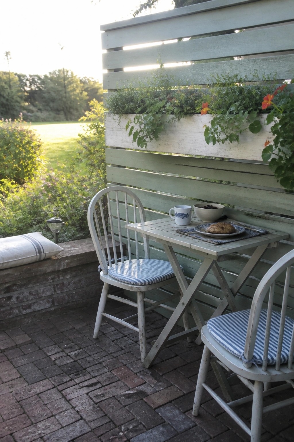 White chairs with blue cushions at table on brick patio by green planter wall