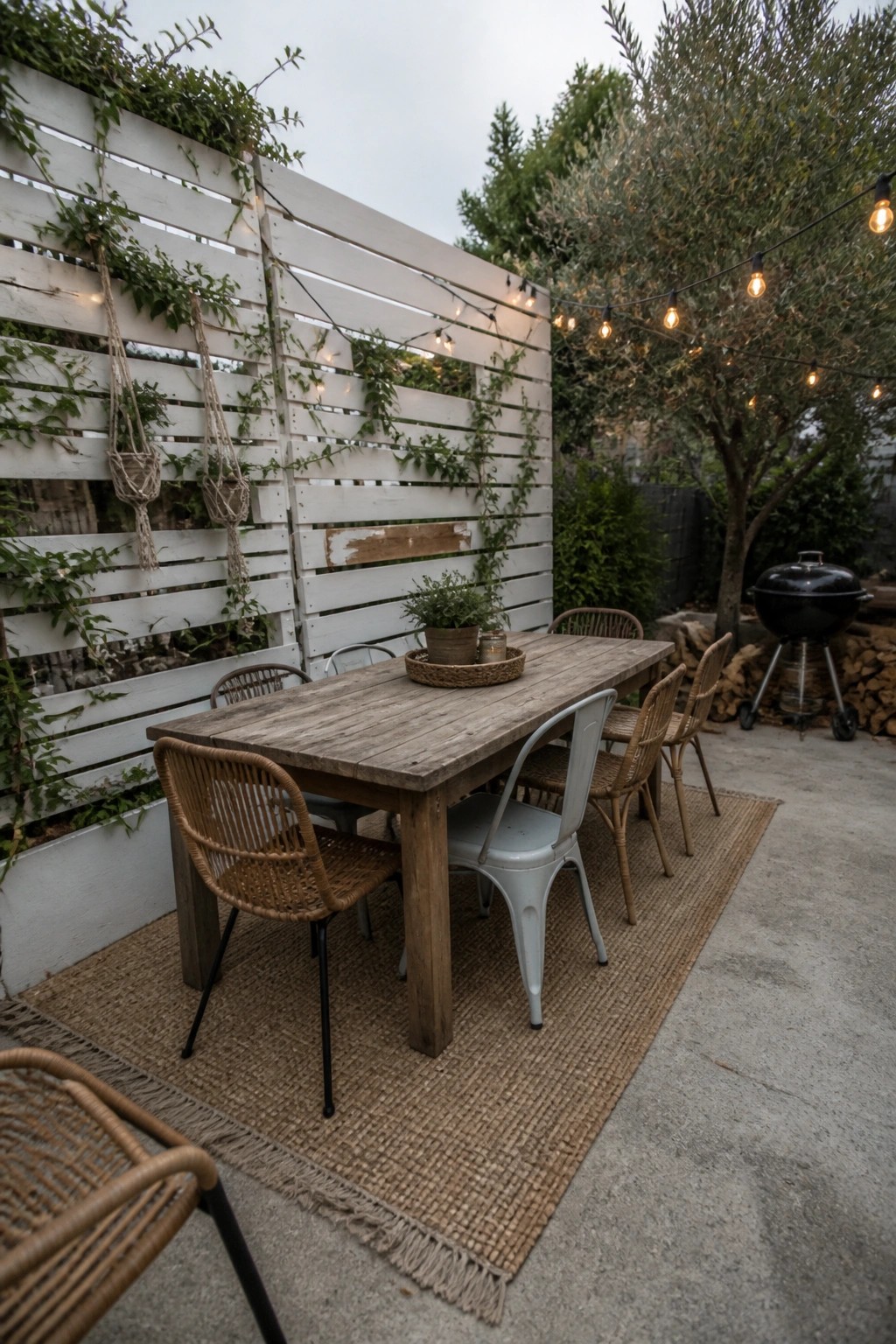 An outdoor dining table with mixed chairs sits on a woven rug in front of a white slatted screen with vines and string lights.