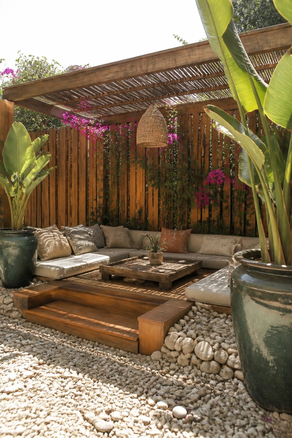 Outdoor patio with a wooden slatted fence and overhead pergola, a sectional sofa with cushions, a wooden coffee table, and large potted plants on a gravel surface.