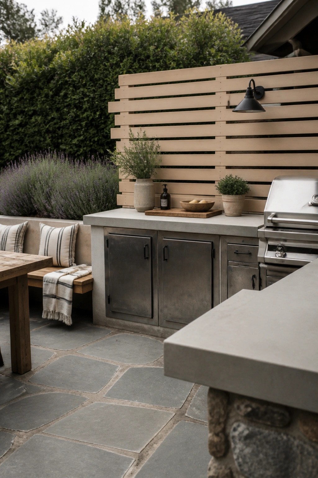 Outdoor kitchen with concrete countertop, stainless steel cabinets, and grill, set against a horizontal wooden slat screen with potted plants and a nearby stone patio with bench seating.