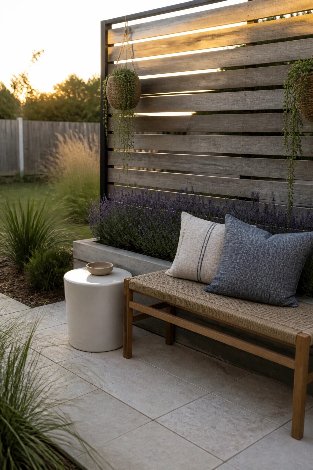 Wooden bench with pillows beside white table and lavender planter on patio