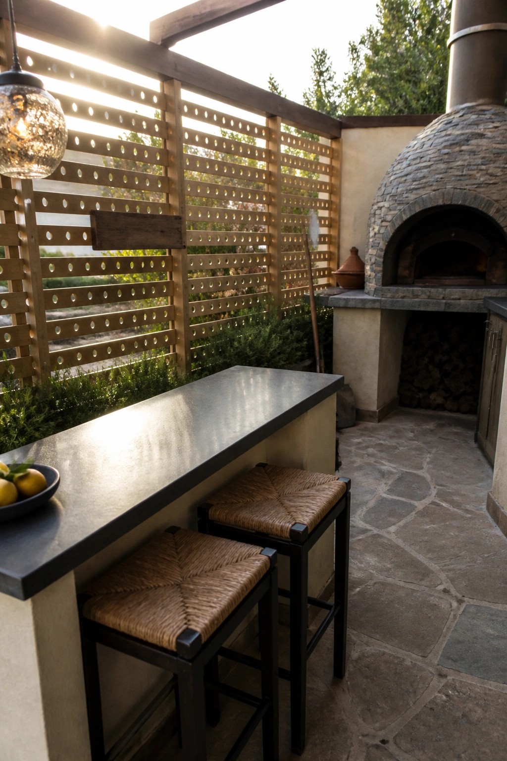 Outdoor bar counter with woven stools facing stone pizza oven in sunlight