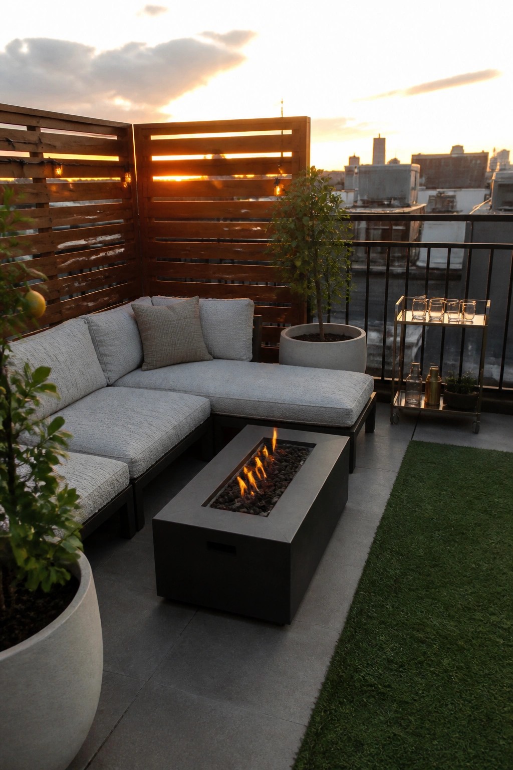 Rooftop terrace with L-shaped gray sectional sofa, rectangular fire pit, wooden horizontal slat privacy screens, potted trees, bar cart, and city skyline at sunset.