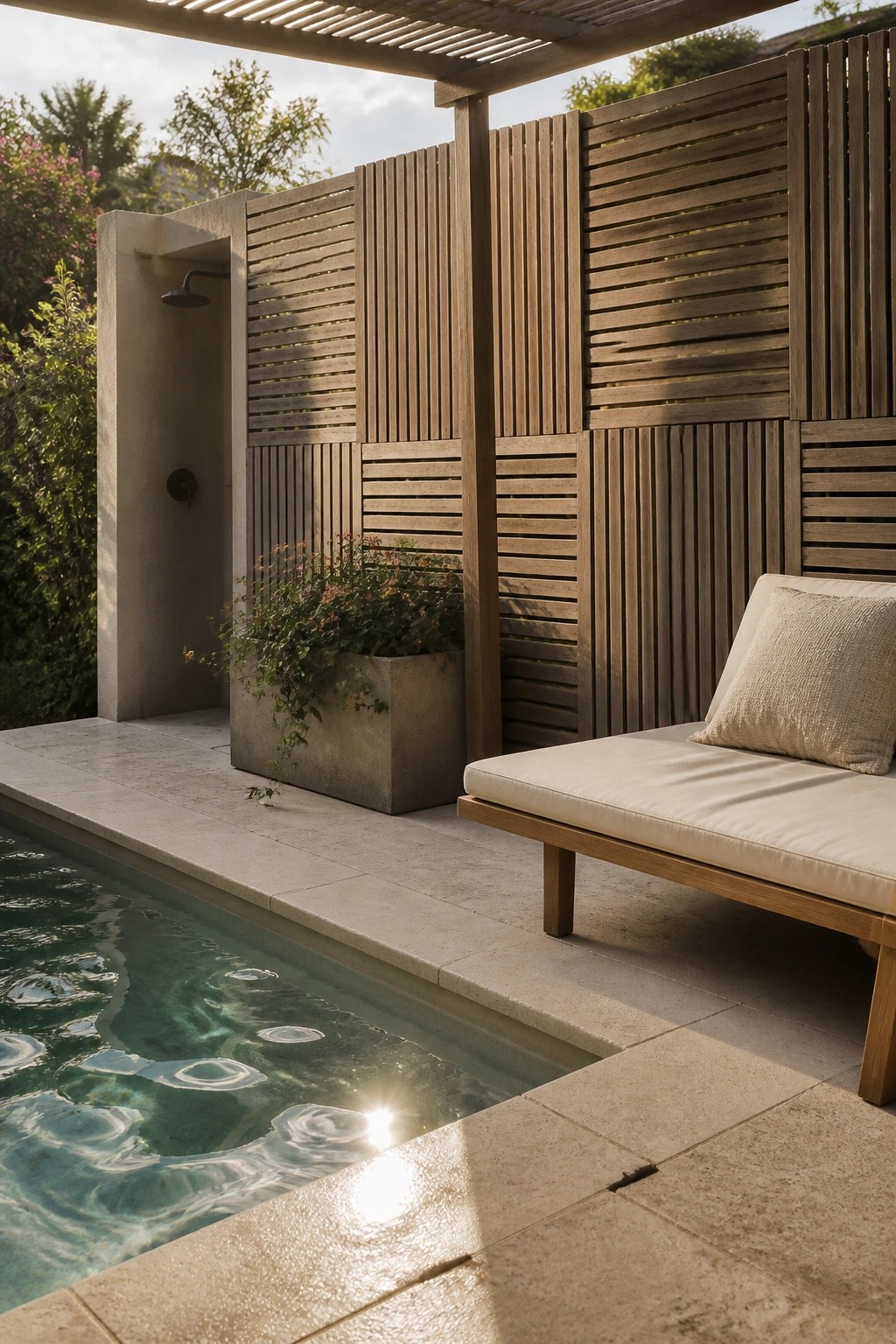 Modern poolside patio with wooden lounge chair, slatted screens, concrete planter, and stone deck