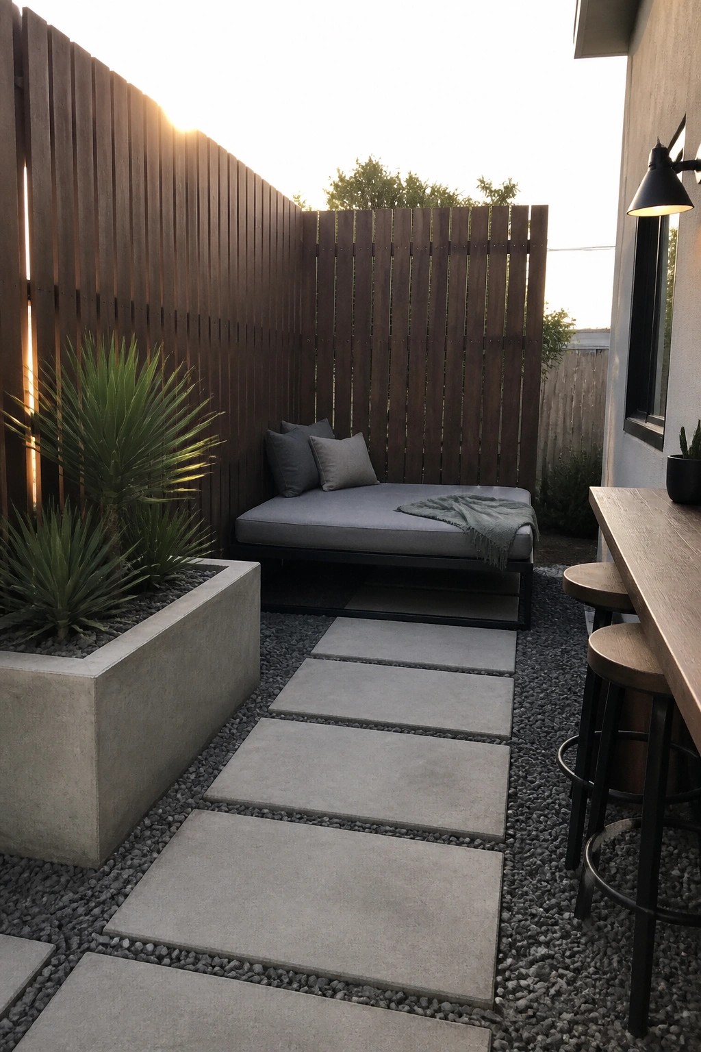 A modern backyard patio with a gray cushioned daybed against a tall brown wooden slatted fence, concrete planters holding spiky green plants, and a path of rectangular stepping stones set in gravel.