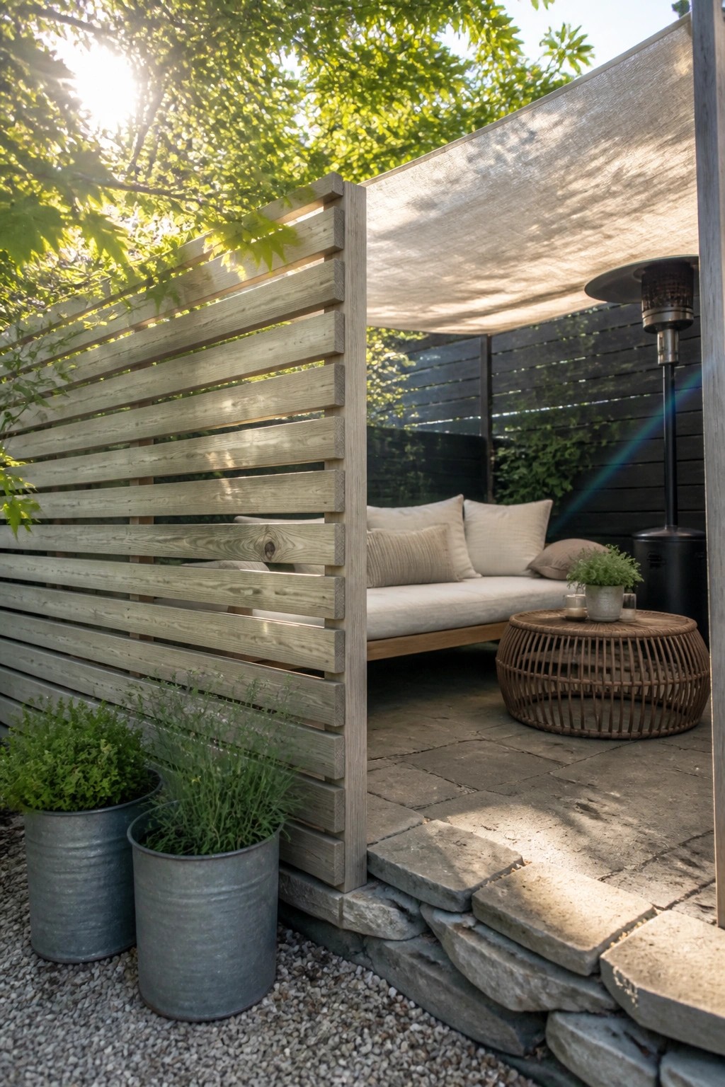 A horizontal wooden slatted screen partially encloses an outdoor seating area with a sofa and coffee table on a stone patio.