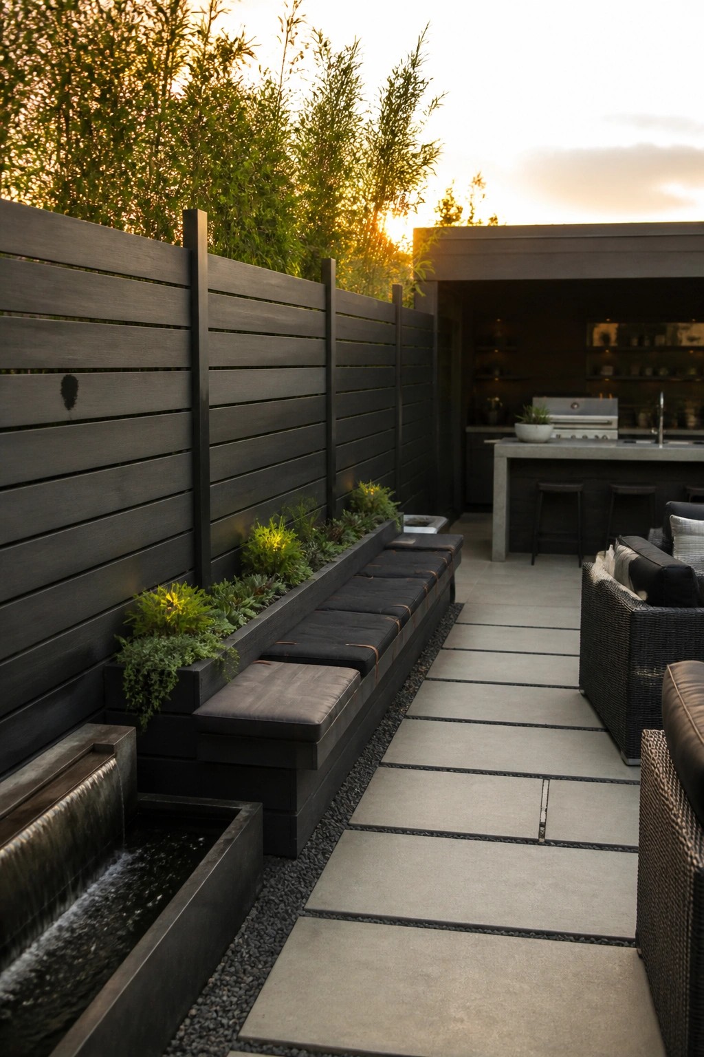 A modern backyard patio with a dark horizontal slatted fence, integrated planters holding green plants, a built-in bench with cushions, a water feature, and stone pavers leading to outdoor seating.