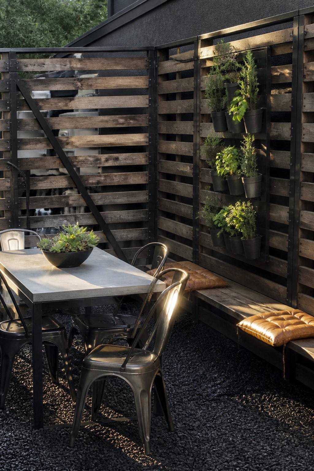 An outdoor patio with a dark wood and metal slatted screen holding rows of potted plants, a concrete table with metal chairs, and a wooden bench with brown cushions on dark gravel.