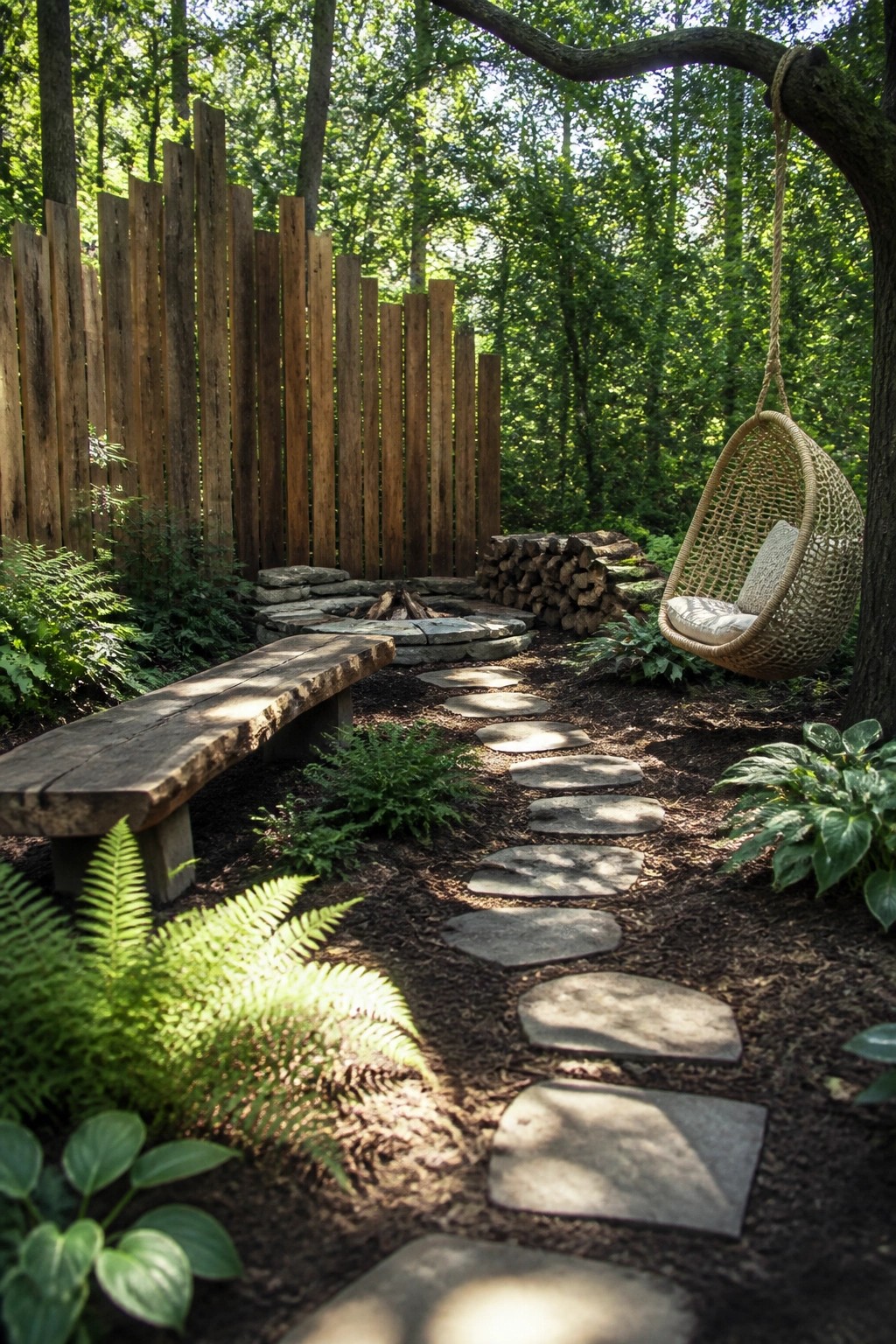 A backyard scene with a tall vertical wood slat screen, stone fire pit, wooden bench, hanging chair, and stone path through garden beds.