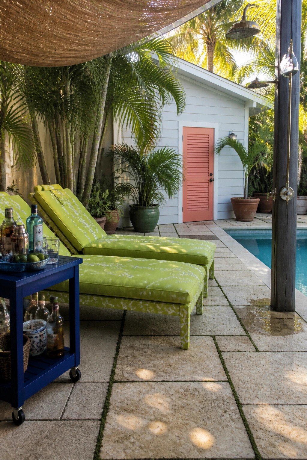Lime green lounge chairs beside blue drinks cart on sunny pool patio.