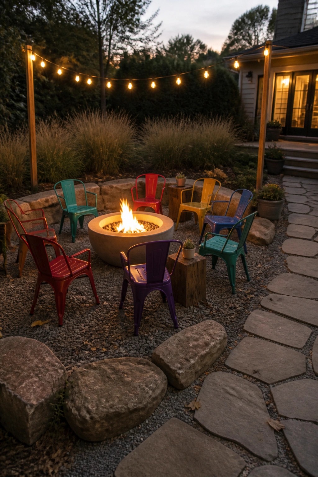A gravel patio features a round concrete fire pit surrounded by metal chairs painted in bright red, teal, yellow, blue, purple, and green, with string lights strung overhead.