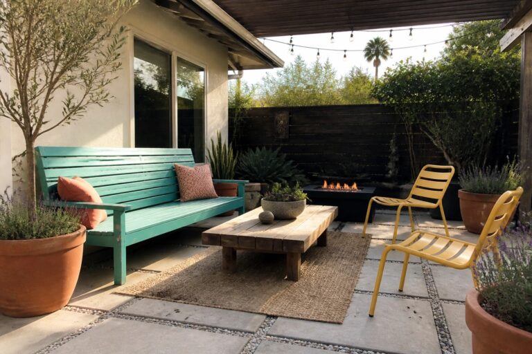 22 Colorful Patio Ideas Centered on Painted Outdoor Furniture Cozy backyard patio with teal bench, wooden table, yellow chairs, and fire pit