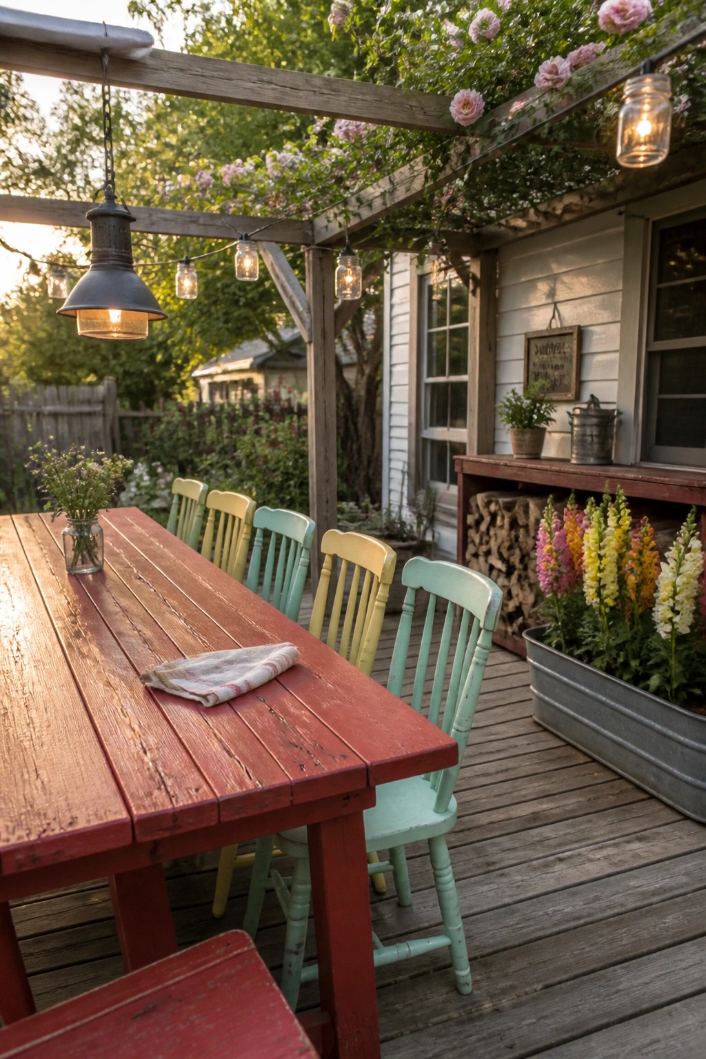 A red wooden patio table surrounded by mismatched painted chairs in yellow, green, and blue under a pergola with string lights and climbing flowers.