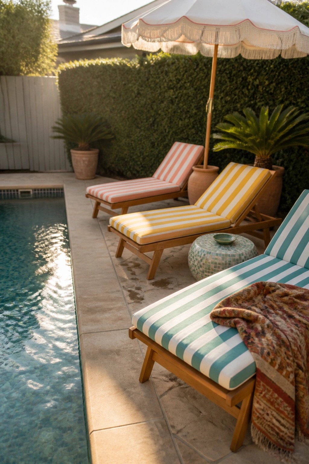 Three wooden lounge chairs with coral, yellow, and teal striped cushions arranged on a stone patio next to a pool, with a white umbrella and potted plants in the background.