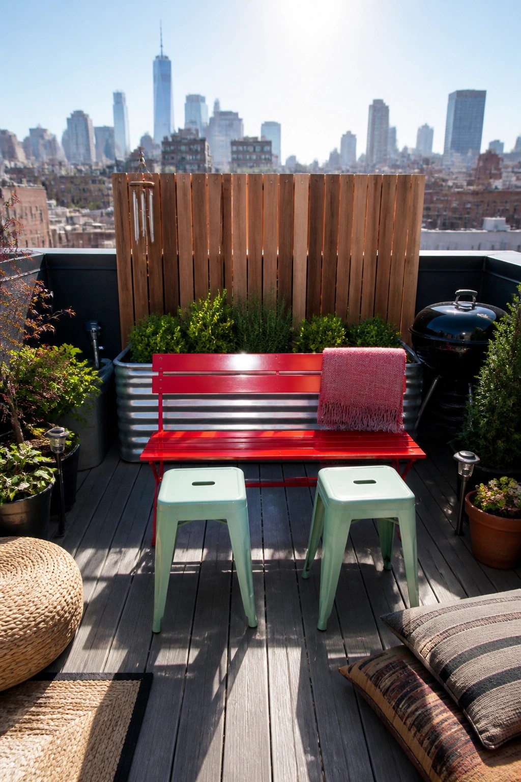 A bright red painted bench with two mint green stools sits on a wooden rooftop deck in front of a wooden screen and city skyline.
