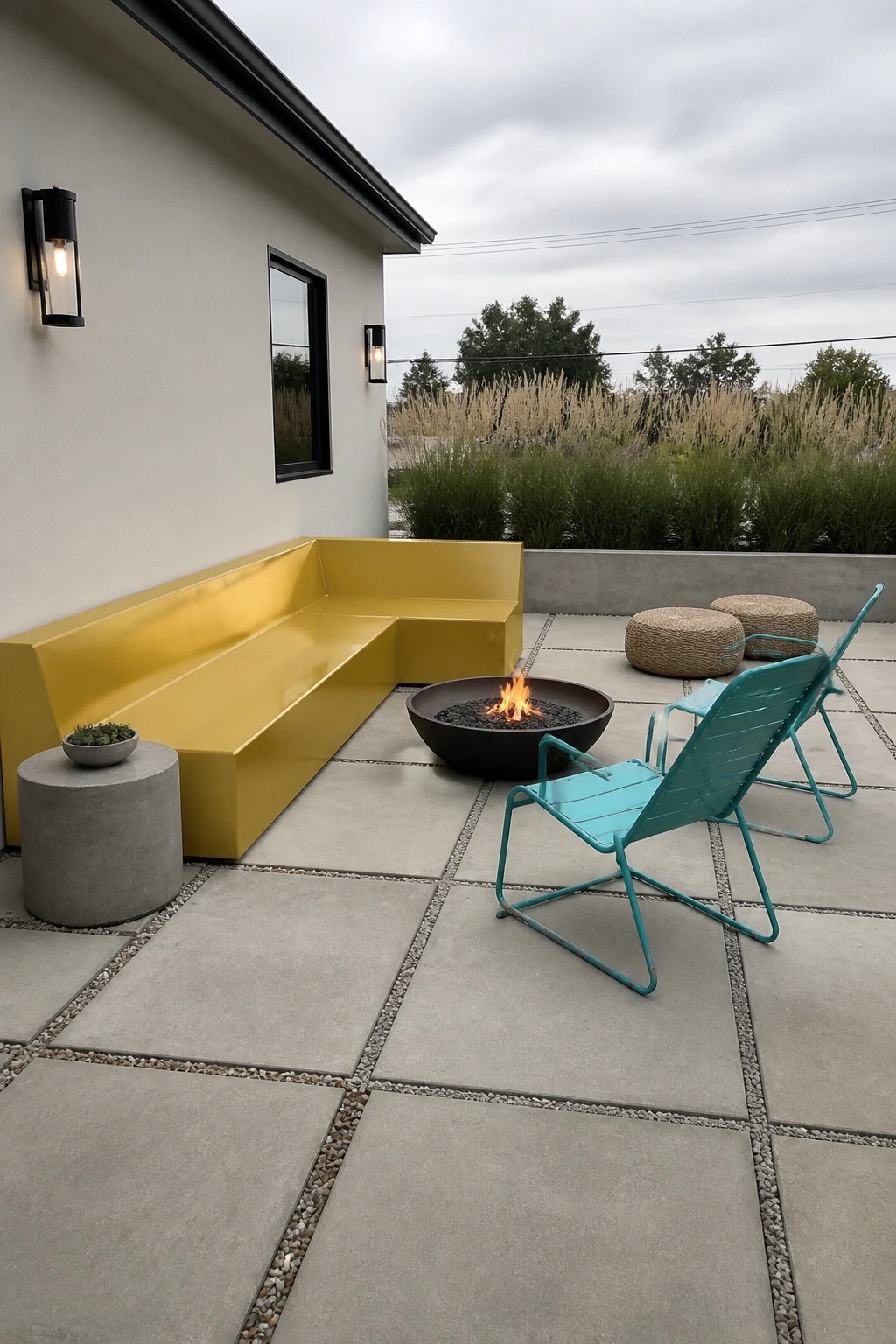 A modern patio with a large L-shaped yellow built-in bench, turquoise metal chairs around a fire pit, and concrete pavers.