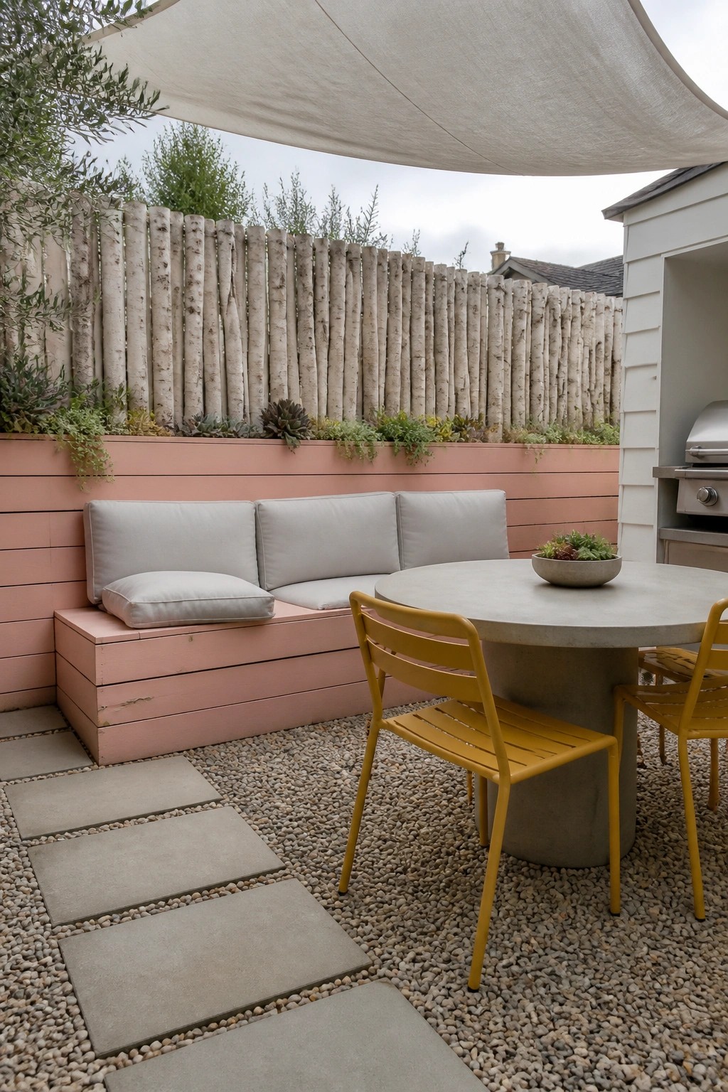 A patio scene with a pink painted built-in bench holding gray cushions, two yellow metal chairs at a round concrete table, gravel and paver flooring, and a large shade sail overhead.